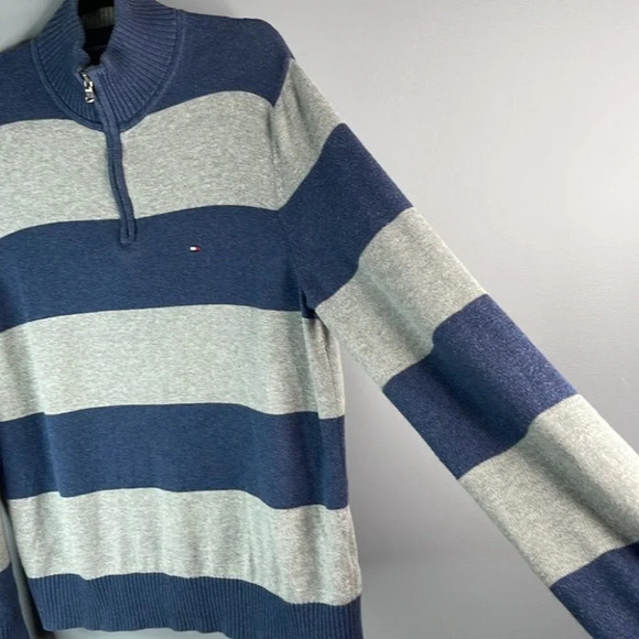 TOMMY HILFIGER Mens Striped Half Zip Sweater Steel Blue Grey Logo Preppy Size M - Picture 6 of 12